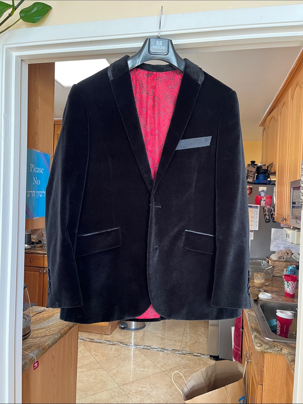 Men's Black Velvet Blazer with Red Paisley Lining